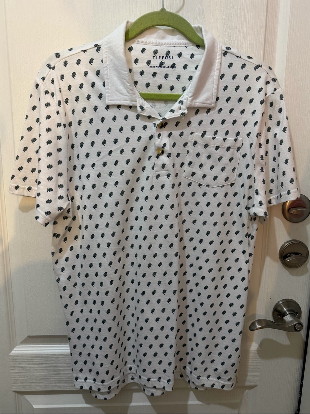 Tiffosi Menswear White Polo Shirt Geometric Oak Leaf Mini Print Short Sleeve